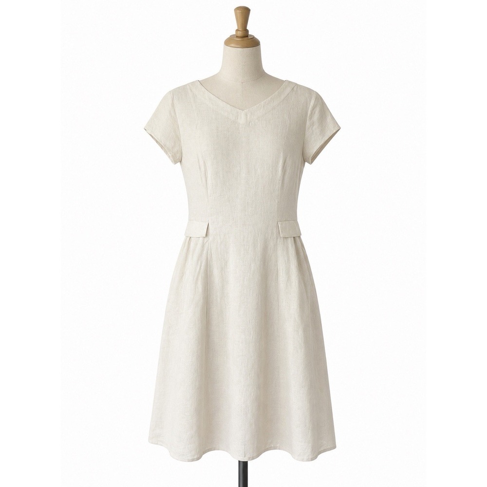 LINTICO 100% Linen Dress Sz L Cream Beige Midi A-Line Cottage Quiet Luxury NWT